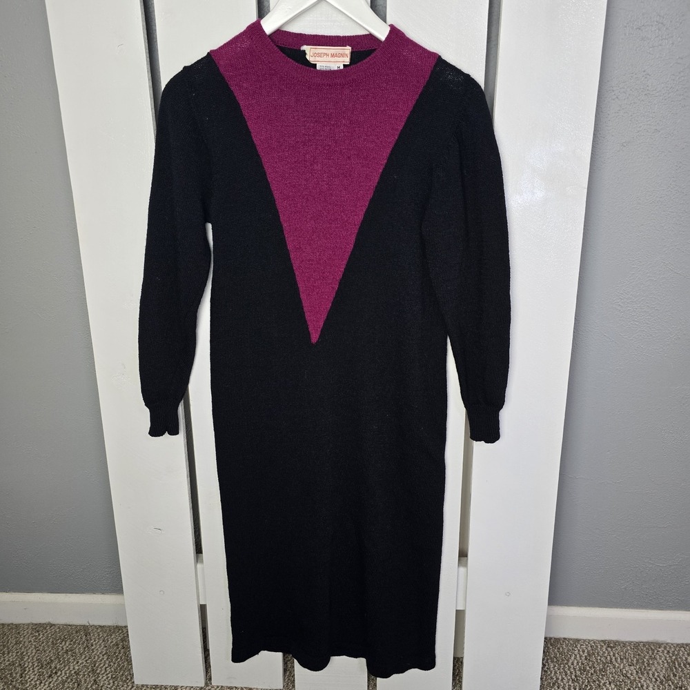 Joseph Magnin VTG Wool Blend Sweater Dress Med Black Purple Whimsigoth